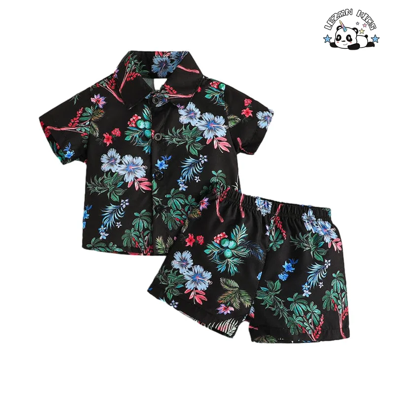 LEZONKIDS - Conjunto de Roupas de Meninos para Férias de Verão com Camisa Polo Floral e Shorts 2 Peças